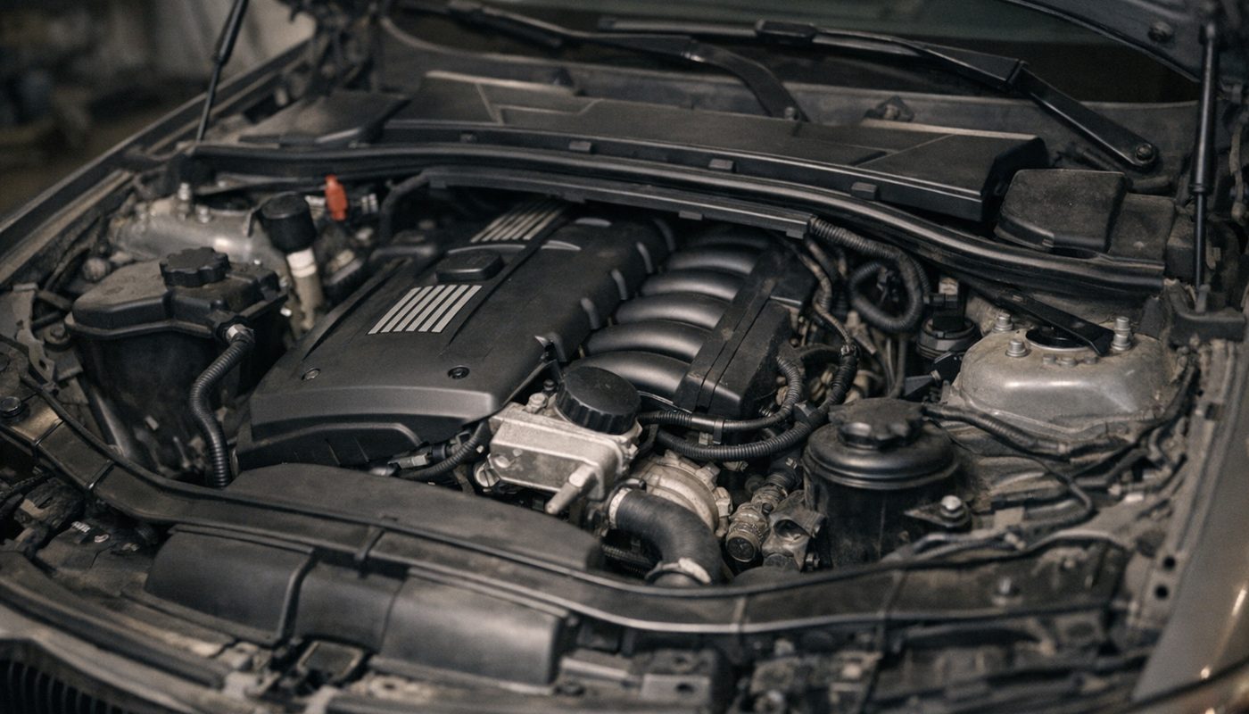A BMW N52 inline-six sitting in an E90 engine bay, hood open