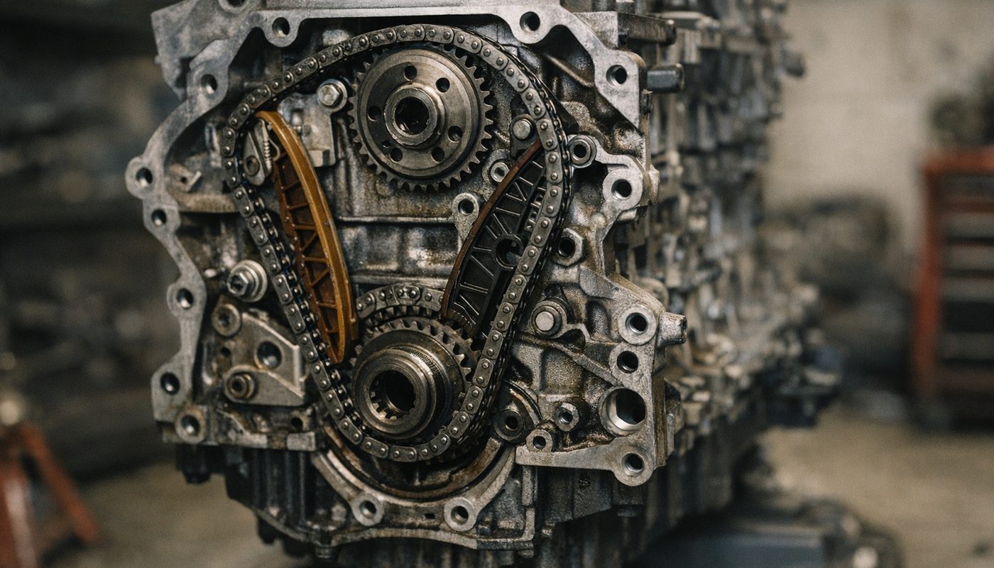 A rear-mounted timing chain on an N47 diesel with the gearbox removed