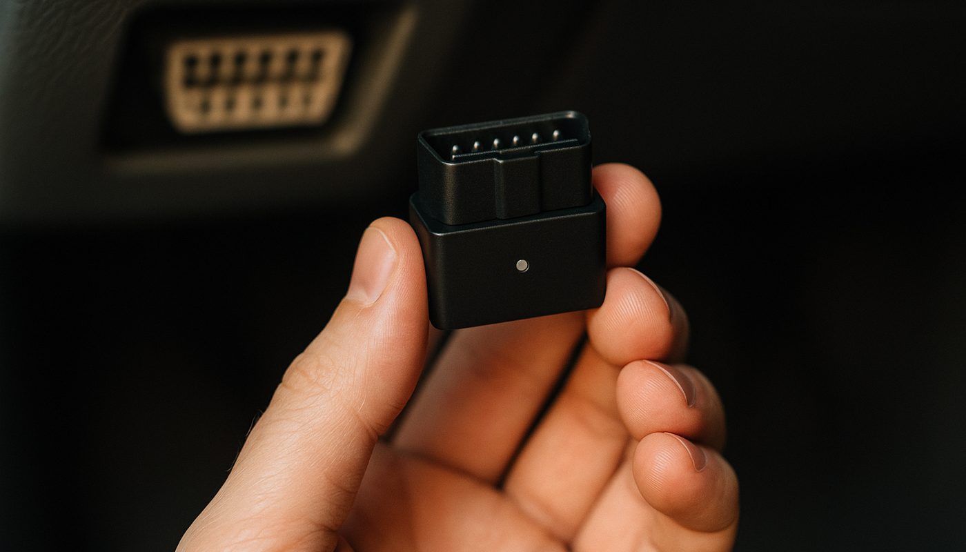 A small black OBD2 Bluetooth adapter held in a hand next to a BMW diagnostic port