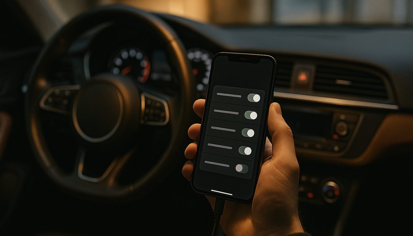 Coding app open on a phone showing a list of BMW feature toggle switches