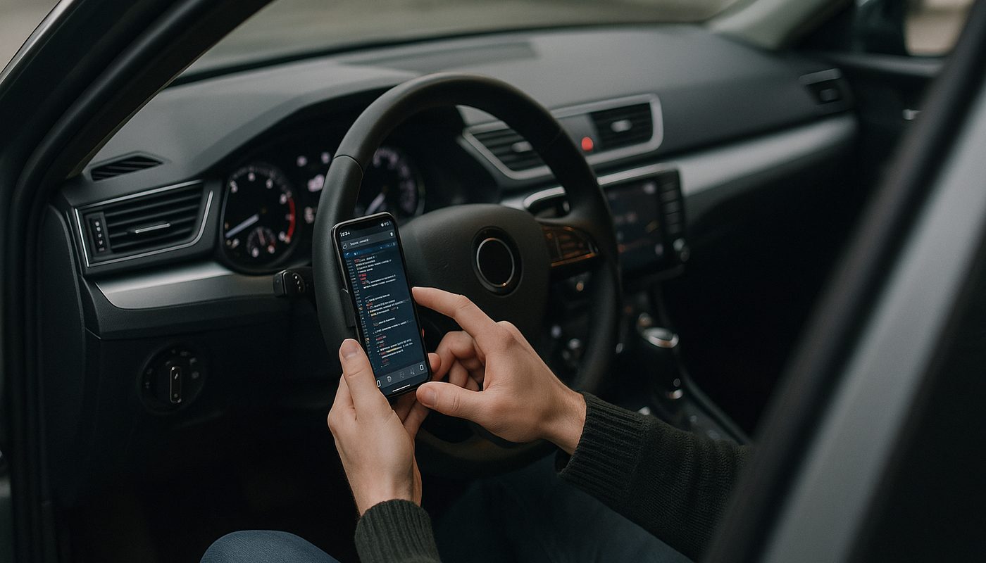 Person coding a BMW from the driver's seat with a phone in a dash mount