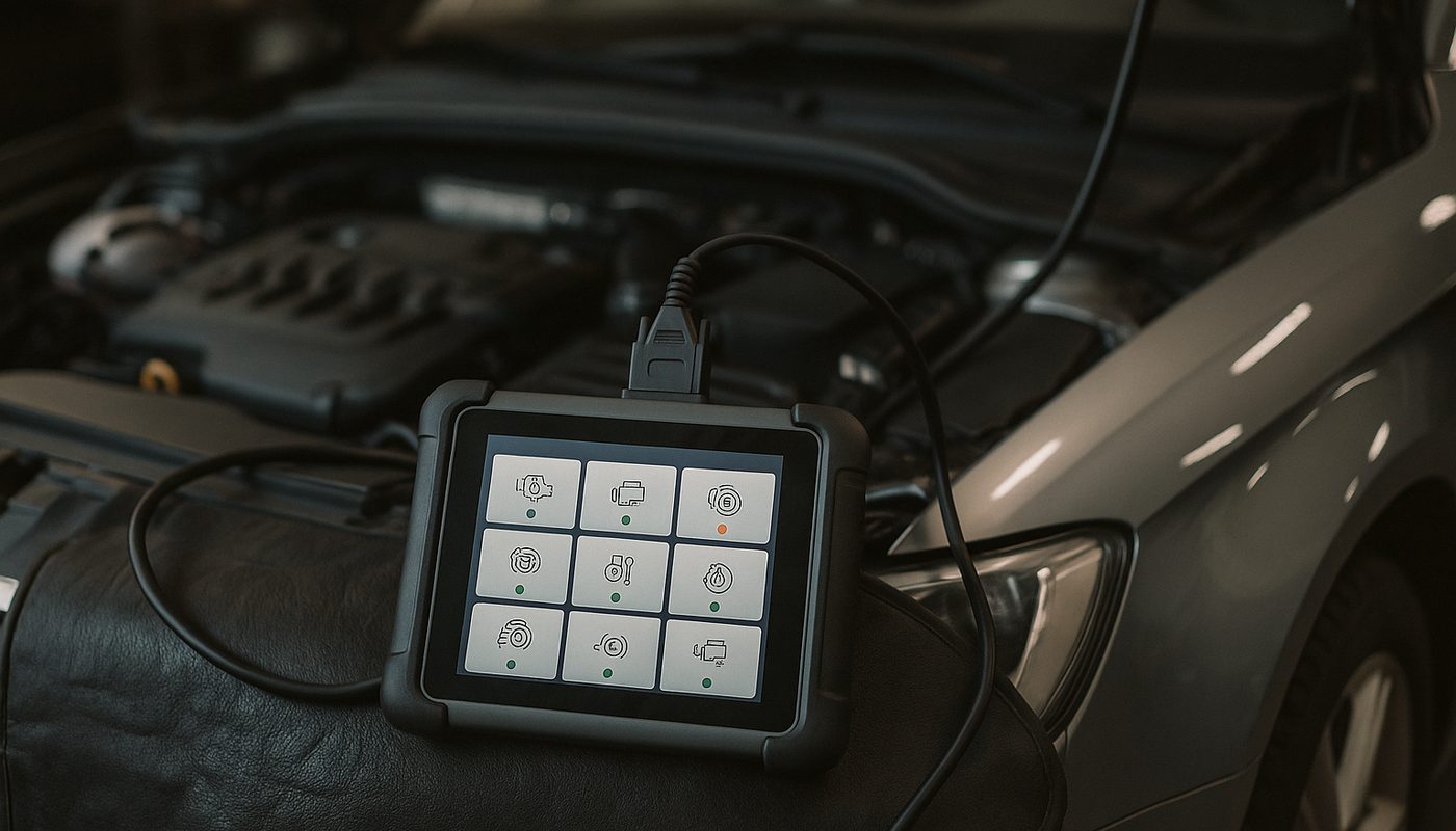 Handheld automotive diagnostic tablet on a BMW engine, OBD cable connected