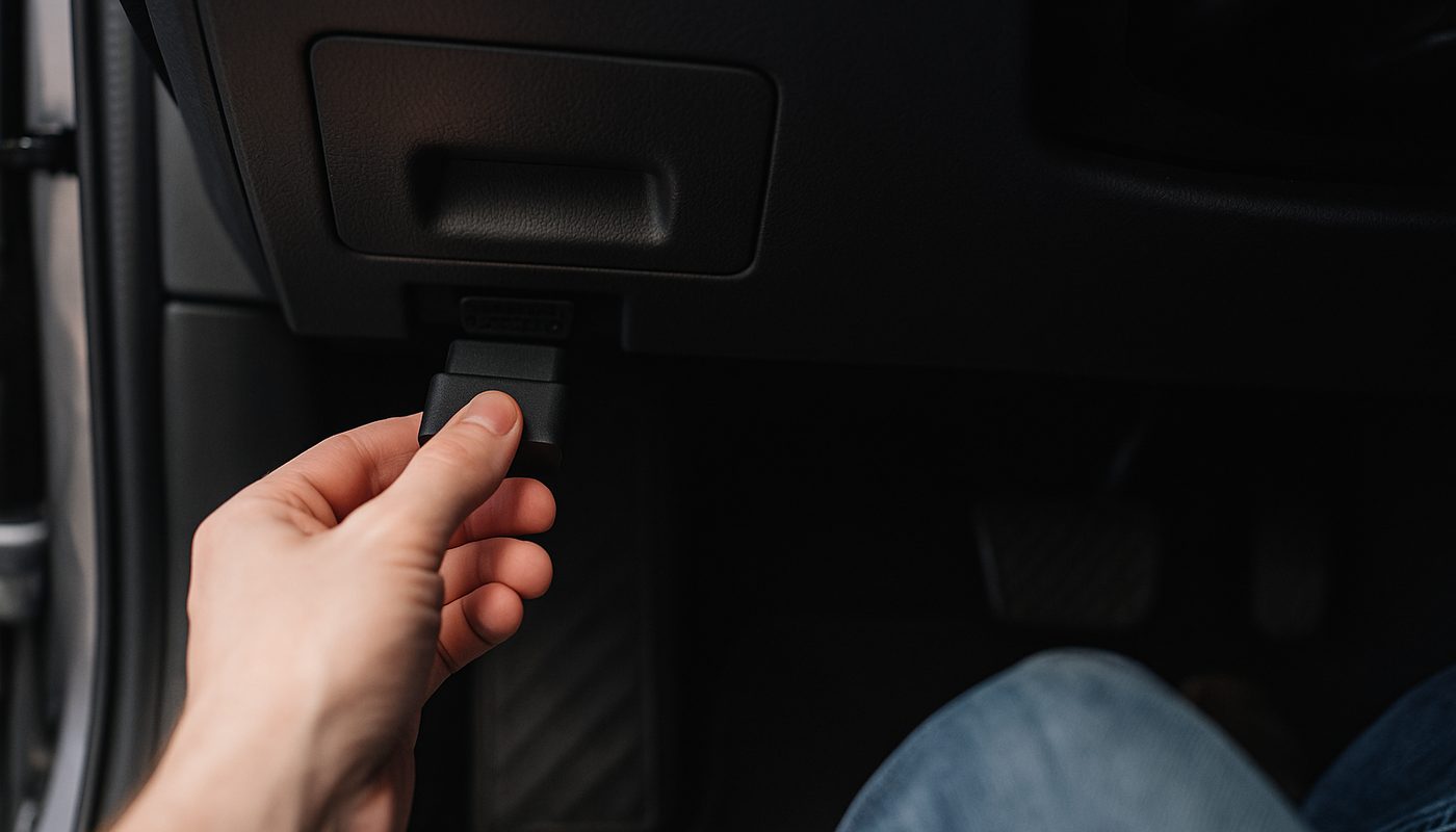 OBD2 adapter being plugged into the diagnostic socket under a BMW dashboard