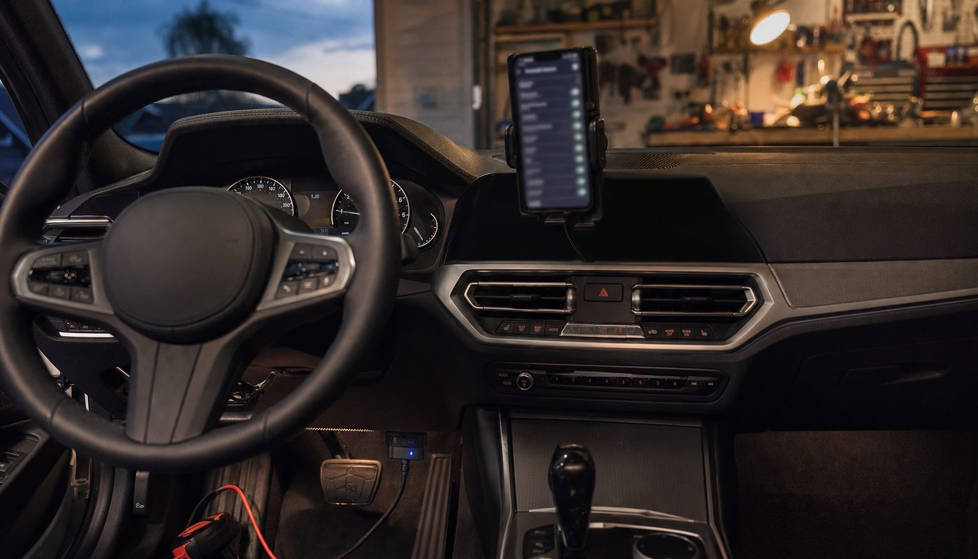 Phone on a dash mount inside a BMW 3 Series with an OBD adapter plugged in and a battery maintainer cable in the footwell