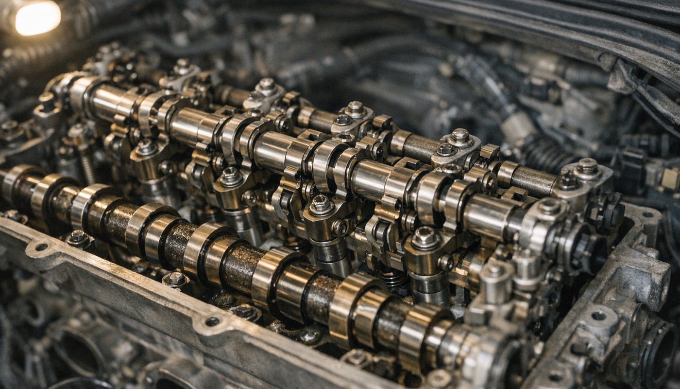 BMW cylinder head with valve cover off exposing Valvetronic eccentric shaft and rocker arms