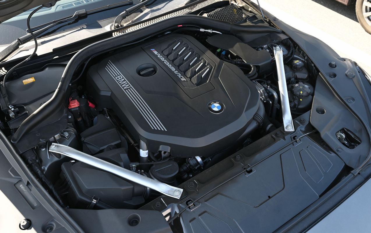 BMW B58 engine bay with factory turbo visible, showing the install area for a turbo upgrade