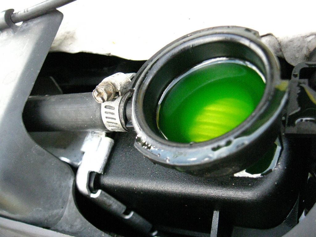 Close-up of a car radiator filler neck with green-tinted antifreeze coolant visible at the top of the core